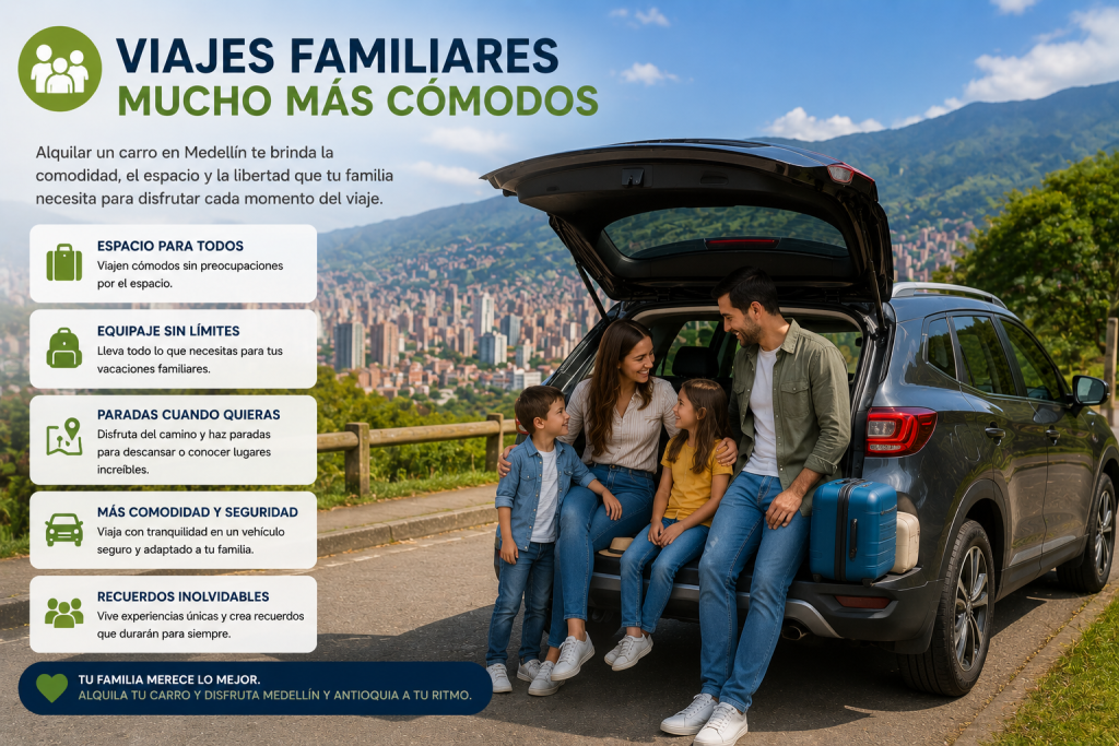 familia disfrutando viaje en Medellín con carro alquilado